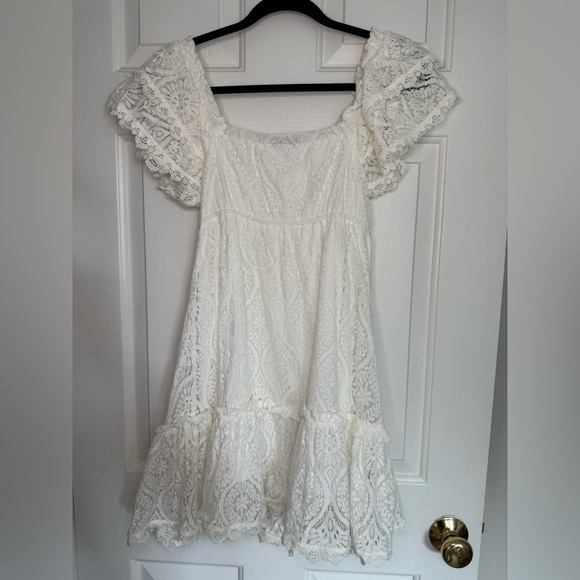 White Lace Dress with Flutter Sleeves - Picture 2 of 4